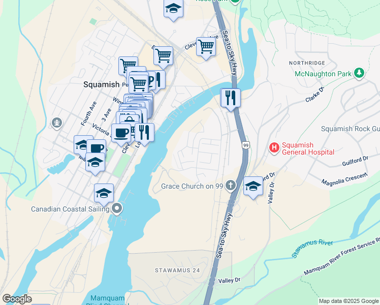 map of restaurants, bars, coffee shops, grocery stores, and more near 38011 Keel Way in Squamish