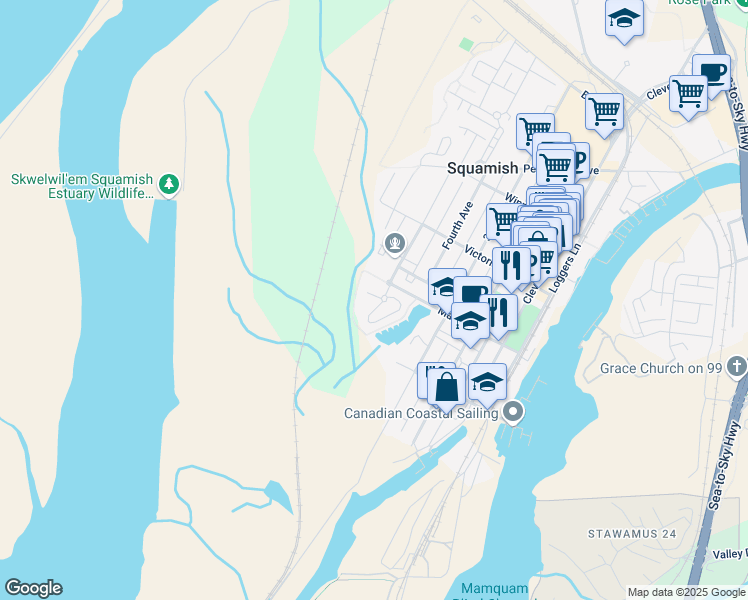 map of restaurants, bars, coffee shops, grocery stores, and more near 1188 Main Street in Squamish