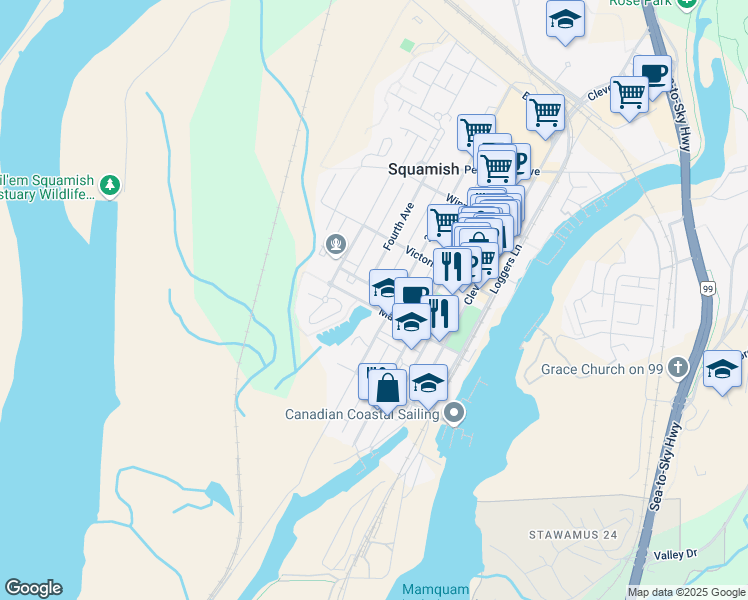 map of restaurants, bars, coffee shops, grocery stores, and more near 1261 Main Street in Squamish