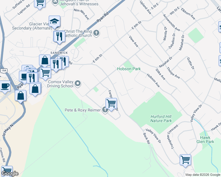 map of restaurants, bars, coffee shops, grocery stores, and more near 1126 Farquharson Drive in Courtenay