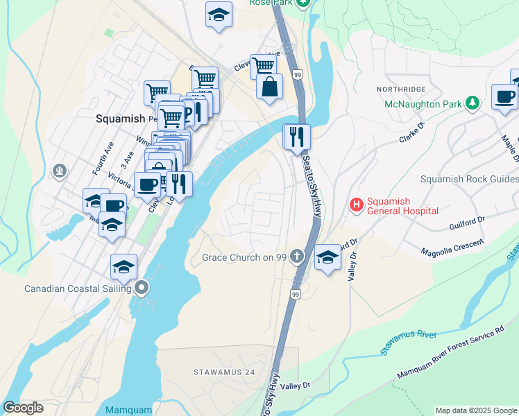 map of restaurants, bars, coffee shops, grocery stores, and more near 1355 Valleyside Place in Squamish