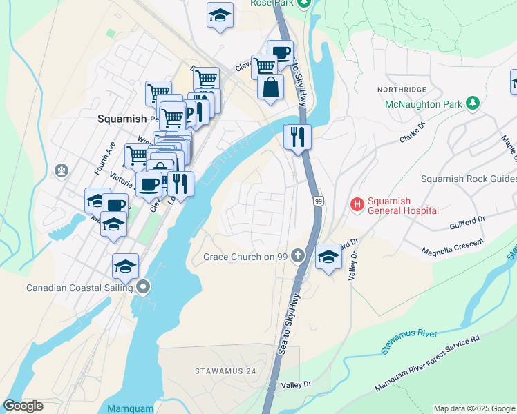 map of restaurants, bars, coffee shops, grocery stores, and more near in Squamish