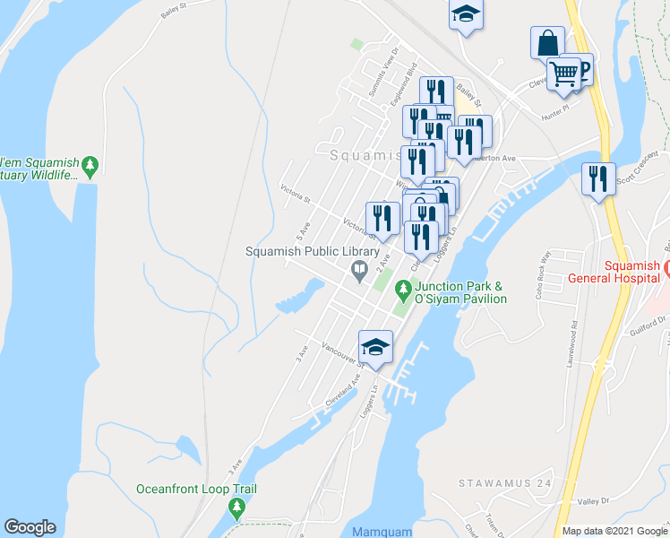 map of restaurants, bars, coffee shops, grocery stores, and more near 1283 Main Street in Squamish