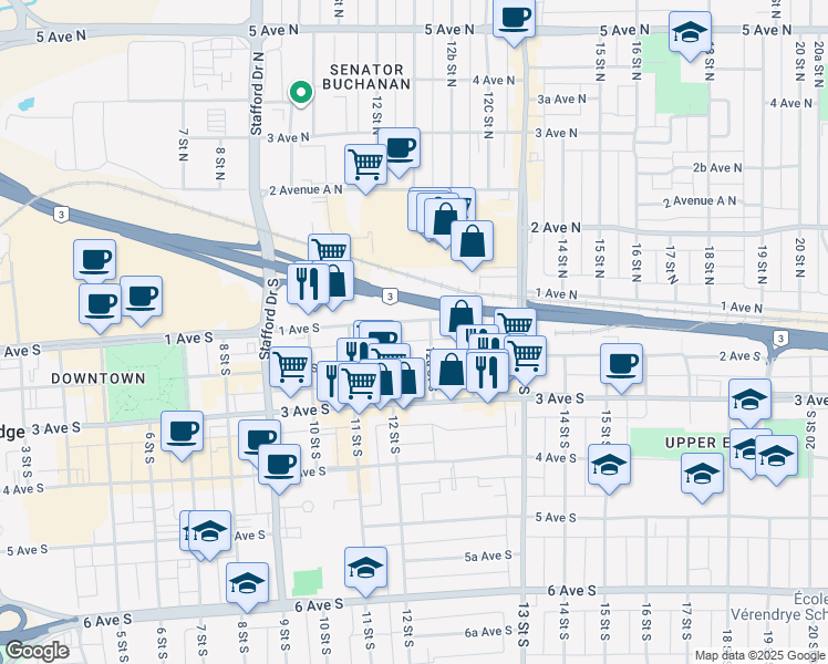 map of restaurants, bars, coffee shops, grocery stores, and more near 1216 1 Avenue South in Lethbridge