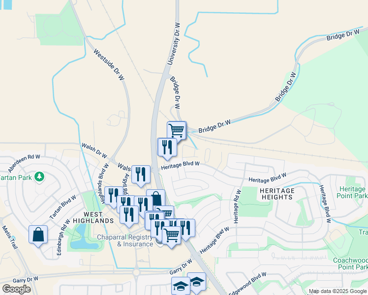 map of restaurants, bars, coffee shops, grocery stores, and more near 762 Heritage Boulevard West in Lethbridge