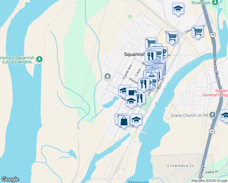 map of restaurants, bars, coffee shops, grocery stores, and more near 1233 Main Street in Squamish