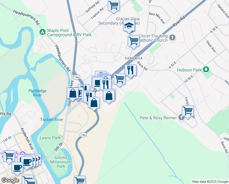 map of restaurants, bars, coffee shops, grocery stores, and more near 796 Ryan Road in Courtenay
