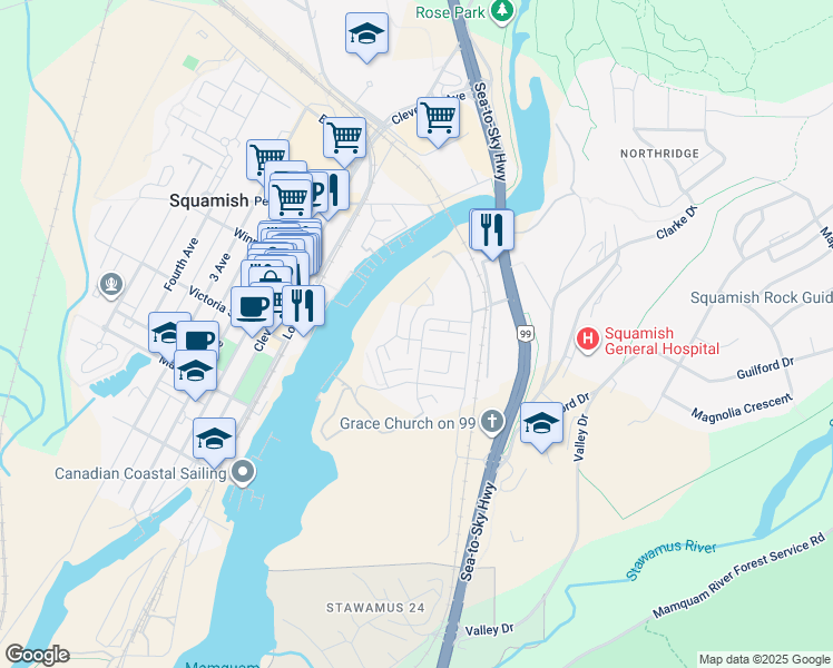 map of restaurants, bars, coffee shops, grocery stores, and more near 38024 Keel Way in Squamish