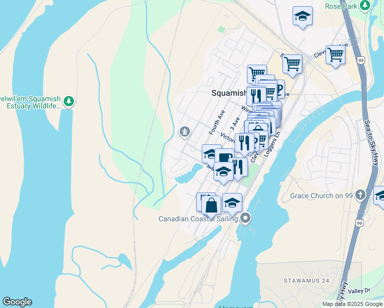 map of restaurants, bars, coffee shops, grocery stores, and more near 1233 Main Street in Squamish
