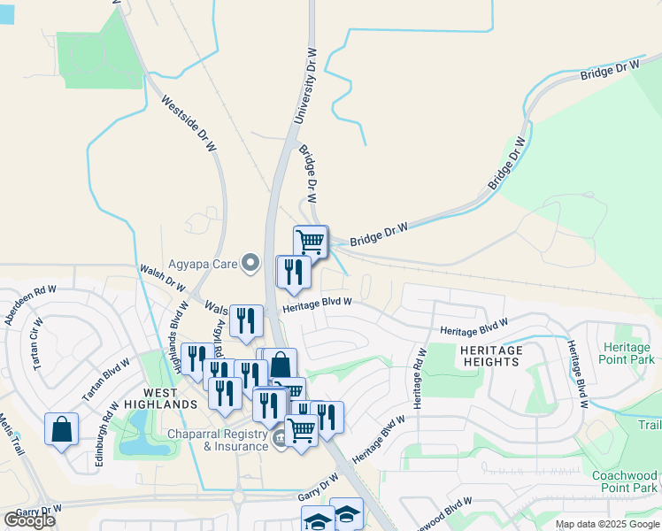 map of restaurants, bars, coffee shops, grocery stores, and more near 762 Heritage Boulevard West in Lethbridge