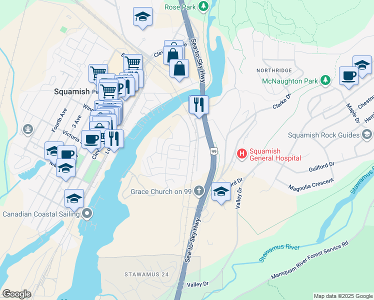 map of restaurants, bars, coffee shops, grocery stores, and more near 1385 Marinaside Place in Squamish