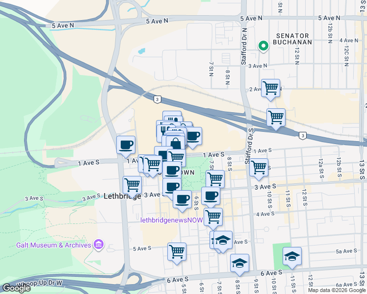 map of restaurants, bars, coffee shops, grocery stores, and more near 501 1 Avenue South in Lethbridge