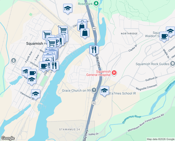 map of restaurants, bars, coffee shops, grocery stores, and more near 1379 Marinaside Place in Squamish