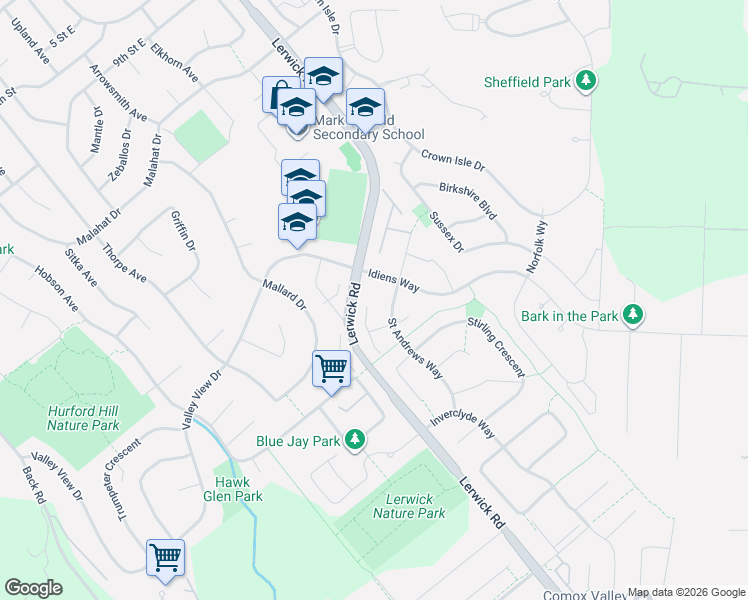 map of restaurants, bars, coffee shops, grocery stores, and more near 2485 Idiens Way in Courtenay
