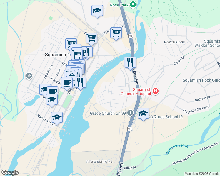 map of restaurants, bars, coffee shops, grocery stores, and more near 38046 Keel Way in Squamish