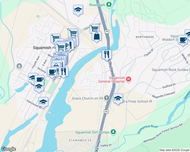 map of restaurants, bars, coffee shops, grocery stores, and more near 1361 Marinaside Place in Squamish