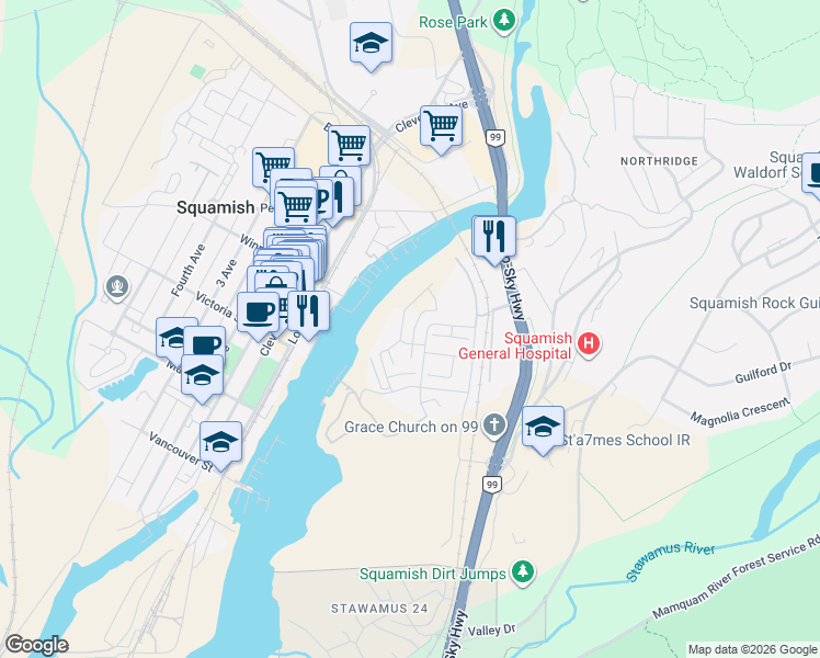 map of restaurants, bars, coffee shops, grocery stores, and more near 38037 Keel Way in Squamish