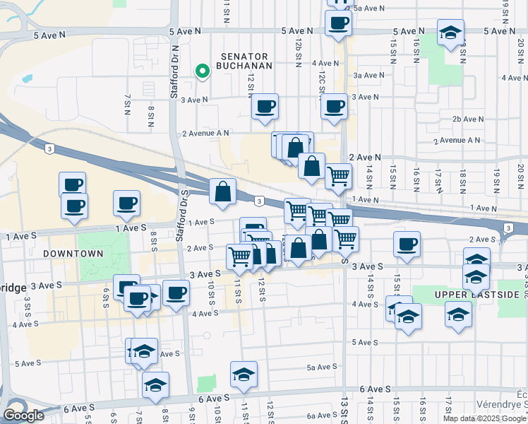 map of restaurants, bars, coffee shops, grocery stores, and more near 1216 1 Avenue South in Lethbridge