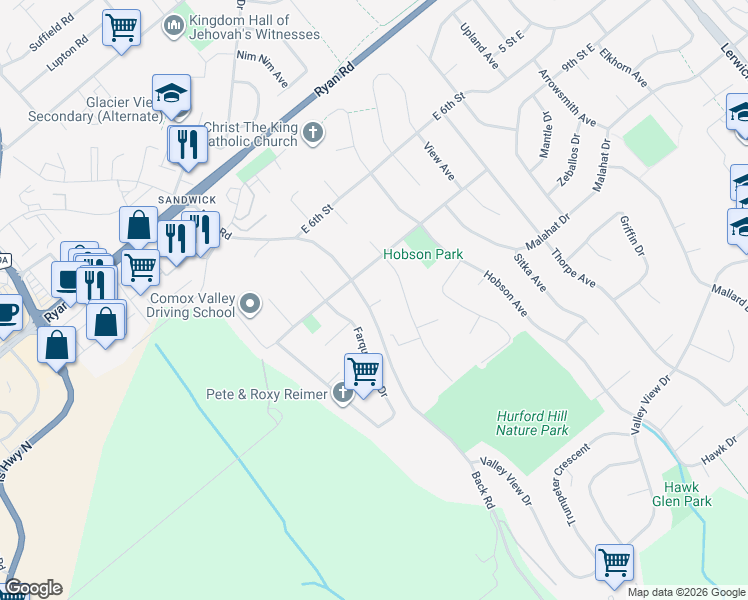 map of restaurants, bars, coffee shops, grocery stores, and more near 1126 Farquharson Drive in Courtenay