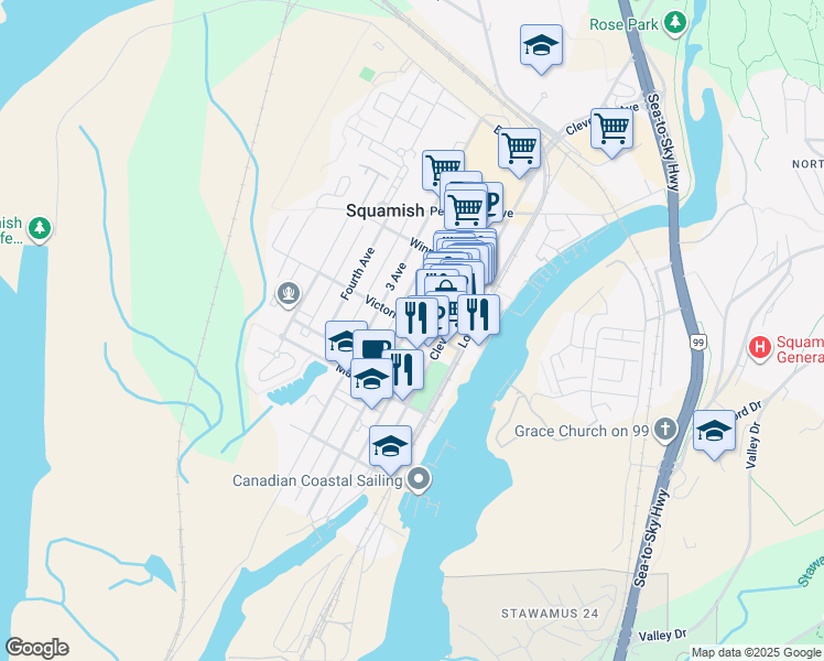 map of restaurants, bars, coffee shops, grocery stores, and more near 37994 2 Avenue in Squamish