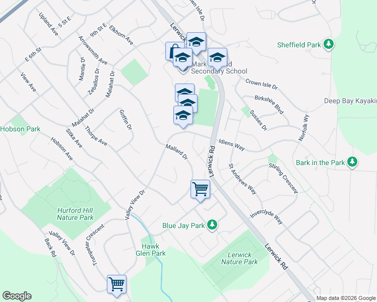 map of restaurants, bars, coffee shops, grocery stores, and more near 1782 Mallard Drive in Courtenay