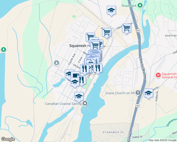 map of restaurants, bars, coffee shops, grocery stores, and more near 37979 Cleveland Avenue in Squamish
