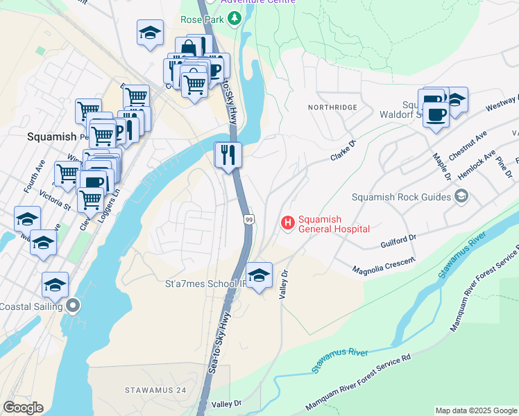 map of restaurants, bars, coffee shops, grocery stores, and more near 38063 Clarke Drive in Squamish