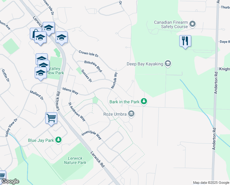 map of restaurants, bars, coffee shops, grocery stores, and more near 2320 Idiens Way in Courtenay