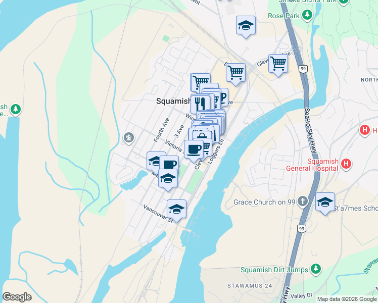 map of restaurants, bars, coffee shops, grocery stores, and more near 1361 Victoria Street in Squamish