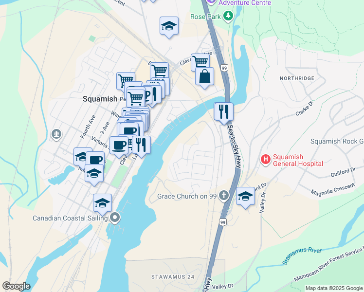 map of restaurants, bars, coffee shops, grocery stores, and more near 38053 Helm Way in Squamish