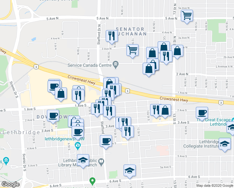 map of restaurants, bars, coffee shops, grocery stores, and more near 1011 1 Avenue South in Lethbridge
