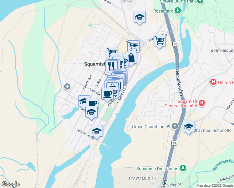 map of restaurants, bars, coffee shops, grocery stores, and more near 38042 Cleveland Avenue in Squamish