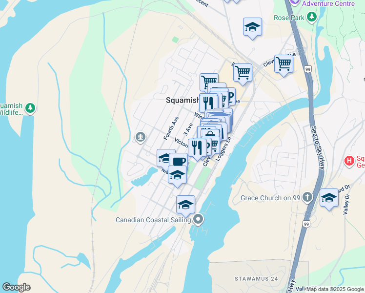 map of restaurants, bars, coffee shops, grocery stores, and more near 1310 Victoria Street in Squamish