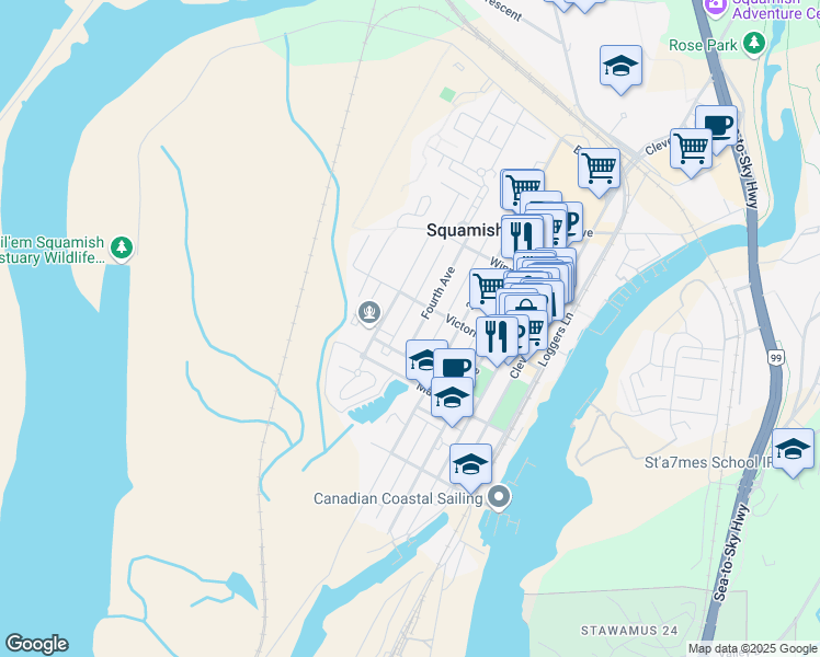 map of restaurants, bars, coffee shops, grocery stores, and more near 37963 Fourth Avenue in Squamish