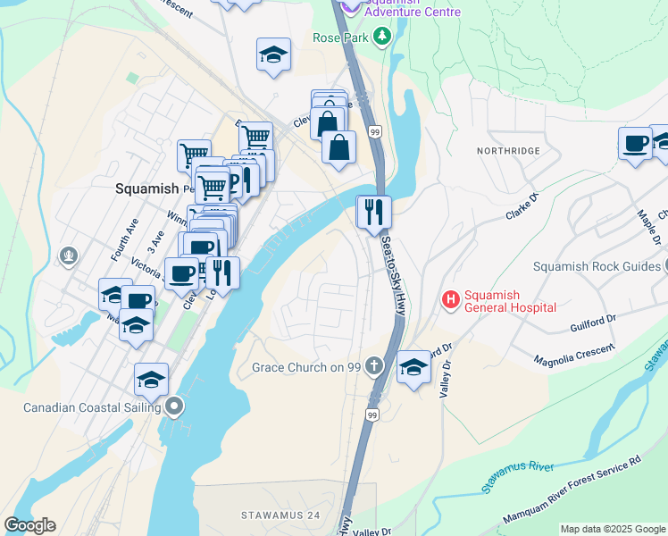 map of restaurants, bars, coffee shops, grocery stores, and more near 1425 Shoal Way in Squamish