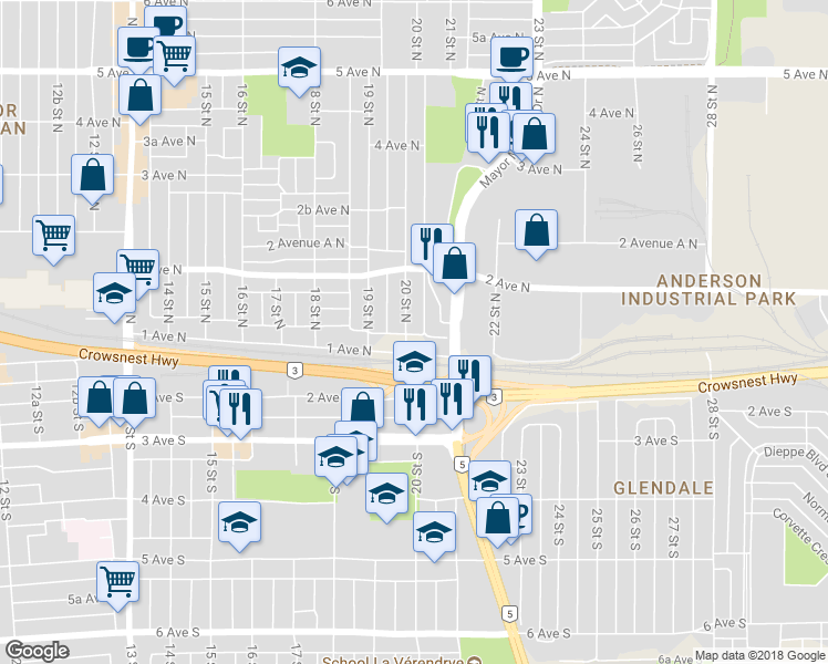 map of restaurants, bars, coffee shops, grocery stores, and more near 113 20 Street North in Lethbridge