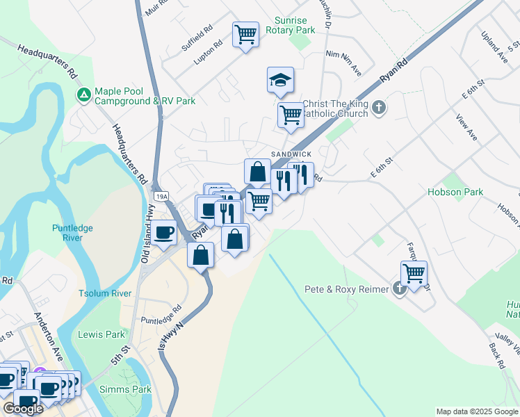 map of restaurants, bars, coffee shops, grocery stores, and more near 1045 Ryan Road in Courtenay