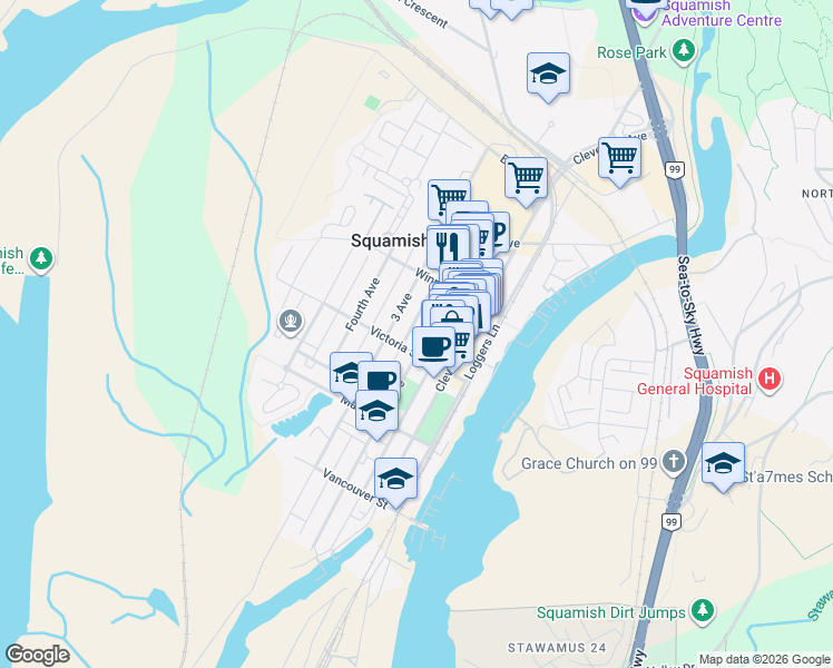map of restaurants, bars, coffee shops, grocery stores, and more near 38033 2 Avenue in Squamish