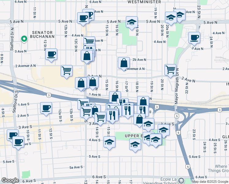 map of restaurants, bars, coffee shops, grocery stores, and more near 108 16 Street North in Lethbridge