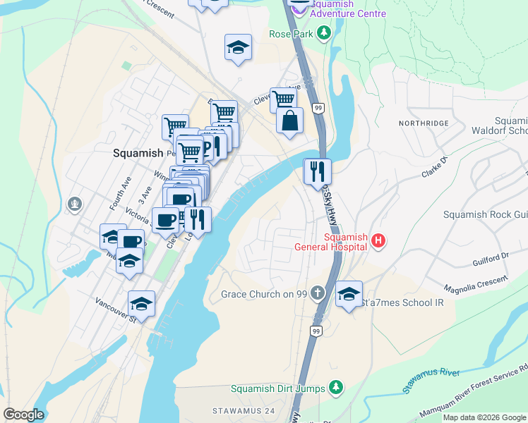 map of restaurants, bars, coffee shops, grocery stores, and more near 38071 Helm Way in Squamish
