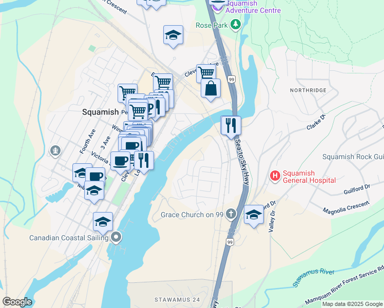 map of restaurants, bars, coffee shops, grocery stores, and more near 38073 Helm Way in Squamish