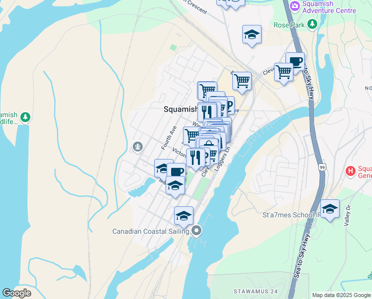 map of restaurants, bars, coffee shops, grocery stores, and more near 38007 3 Avenue in Squamish