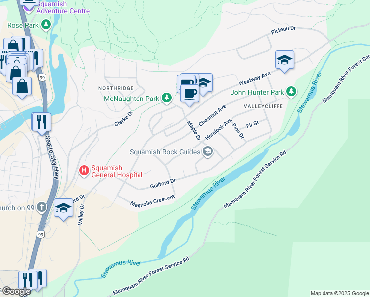 map of restaurants, bars, coffee shops, grocery stores, and more near 38159 Hemlock Avenue in Squamish