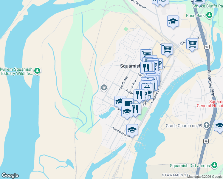 map of restaurants, bars, coffee shops, grocery stores, and more near 37970 5 Avenue in Squamish