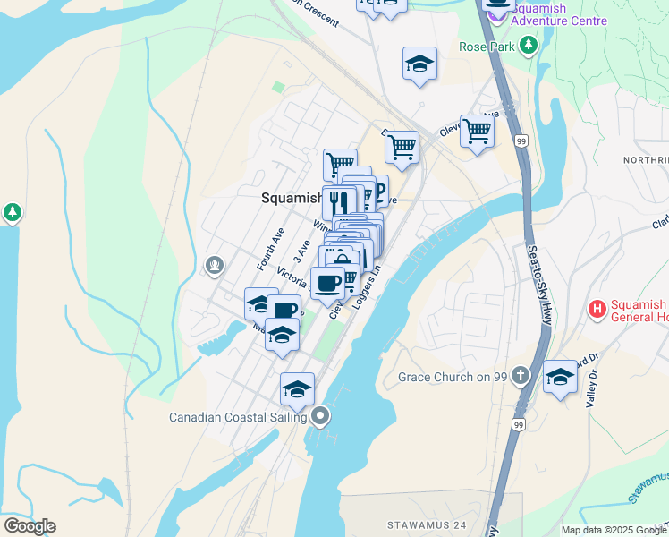 map of restaurants, bars, coffee shops, grocery stores, and more near 38044 2 Avenue in Squamish