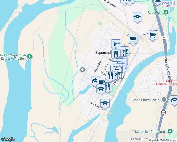 map of restaurants, bars, coffee shops, grocery stores, and more near 37970 5 Avenue in Squamish