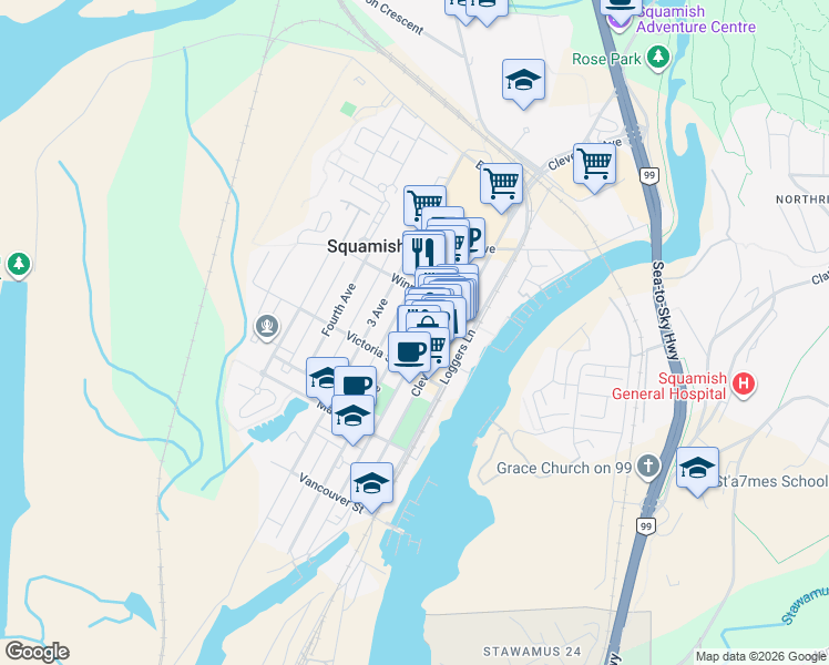 map of restaurants, bars, coffee shops, grocery stores, and more near 38044 2 Avenue in Squamish