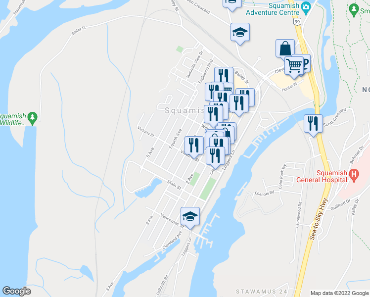 map of restaurants, bars, coffee shops, grocery stores, and more near 38007 3 Avenue in Squamish