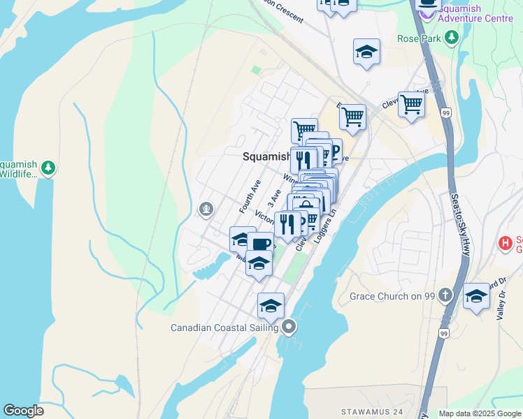 map of restaurants, bars, coffee shops, grocery stores, and more near 38013 3 Avenue in Squamish