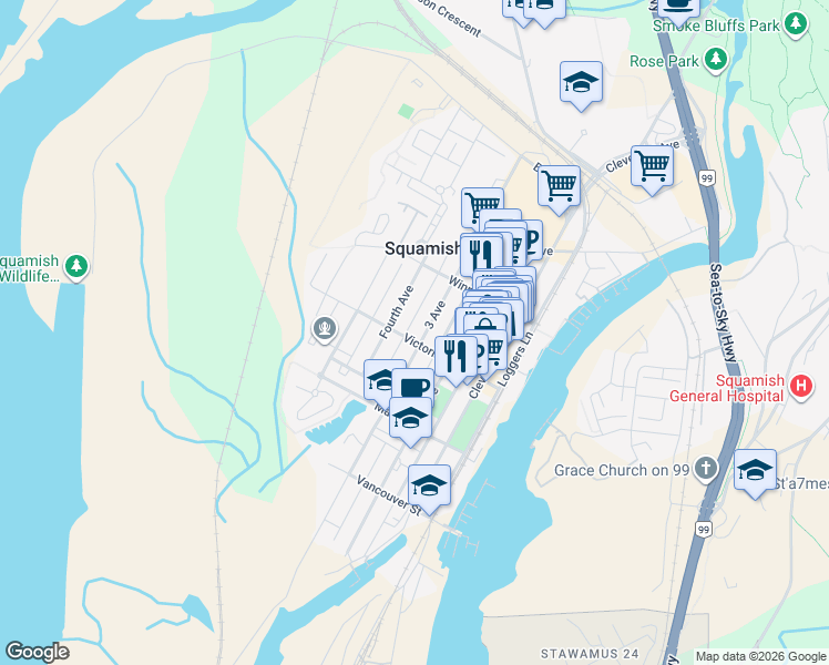 map of restaurants, bars, coffee shops, grocery stores, and more near 38013 3 Avenue in Squamish